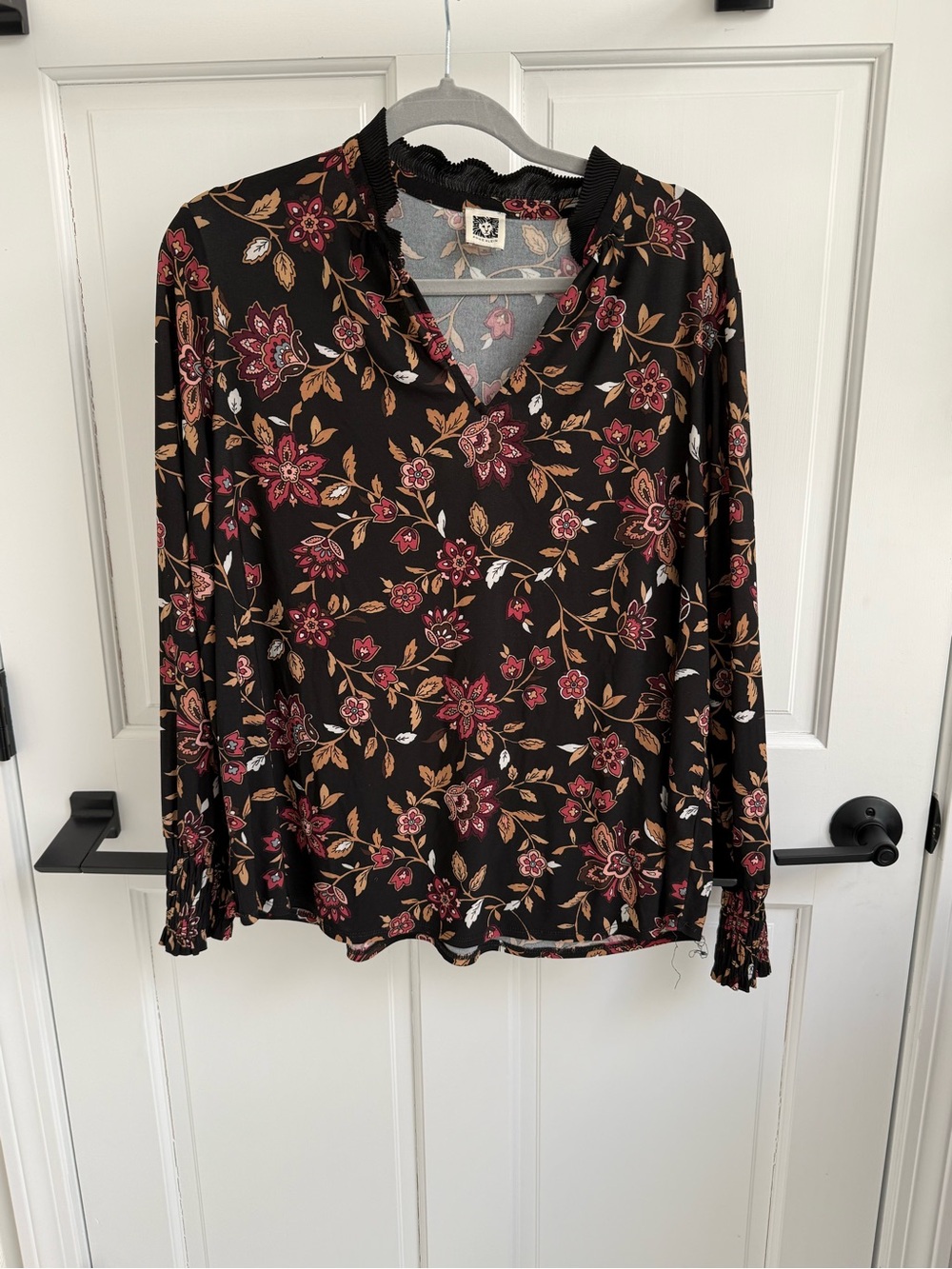 Anne Klein Black Floral Long-Sleeve Blouse with Pink and Brown Accents